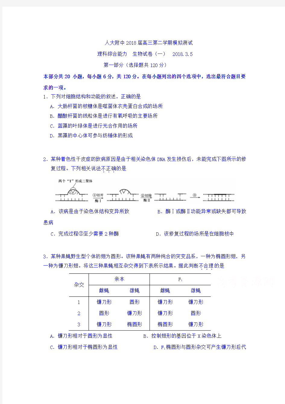 北京市人大附中2018届高三3月模拟测试(一)理综生物试题