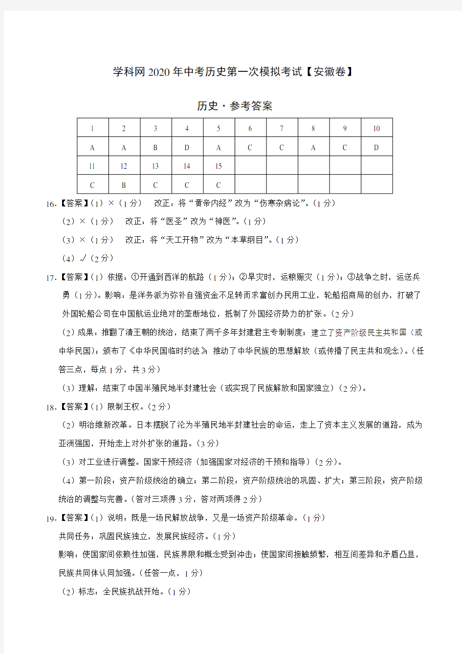 (安徽卷)2020年中考历史第一次模拟考试(参考答案)