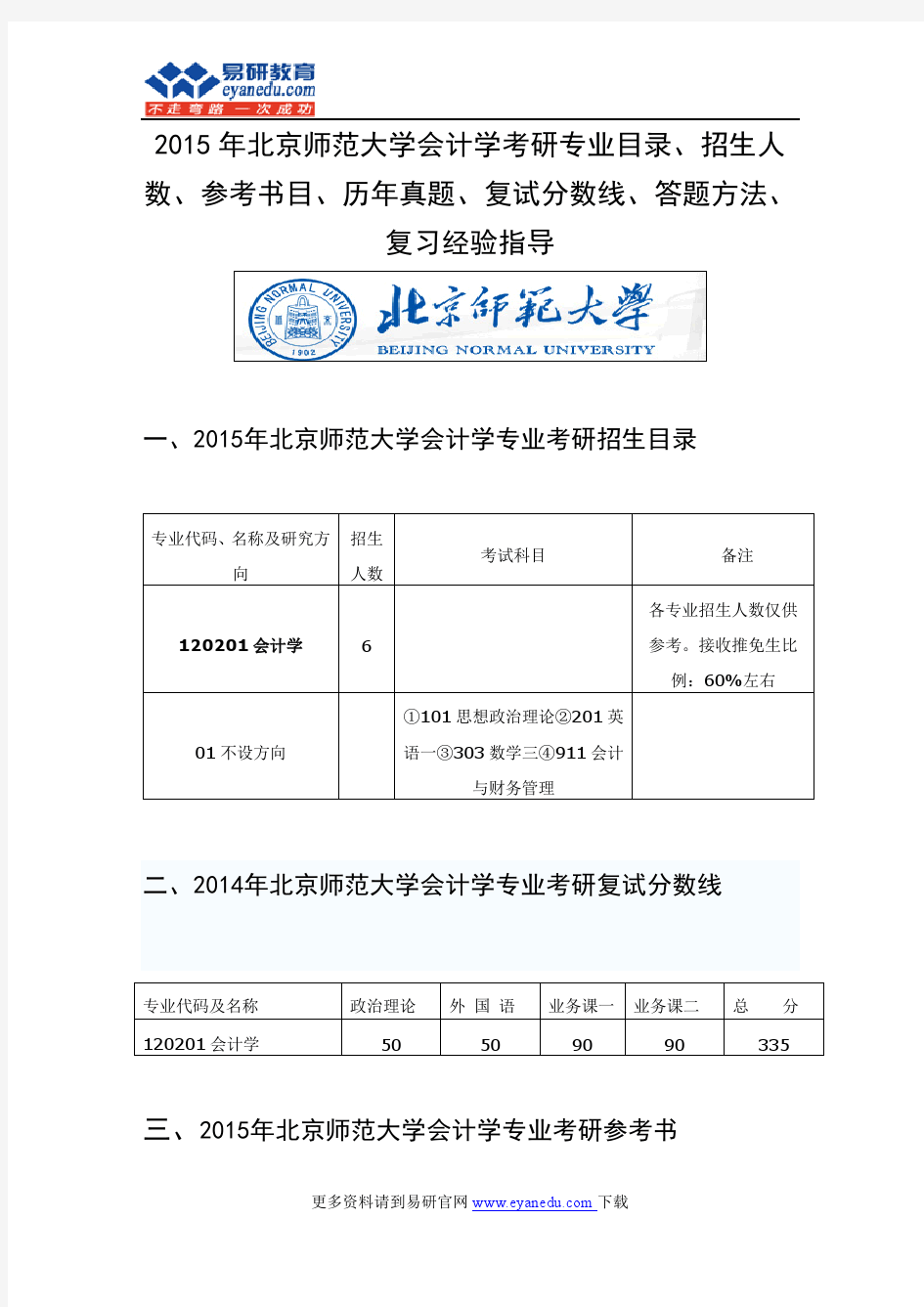 2015年北京师范大学会计学考研专业目录招生人数参考书目历年真题复试分数线答题方法