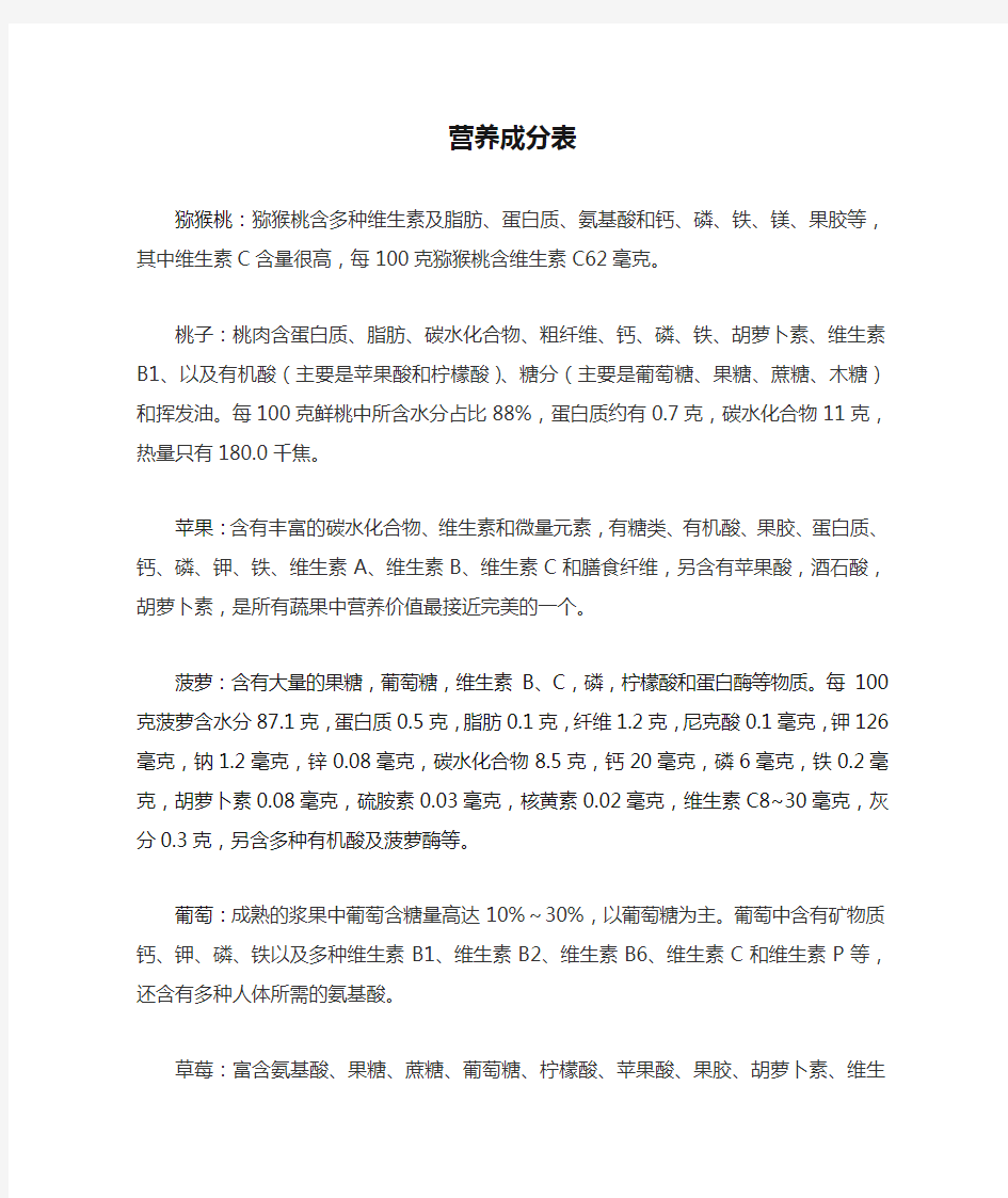 几种常见水果营养成分表