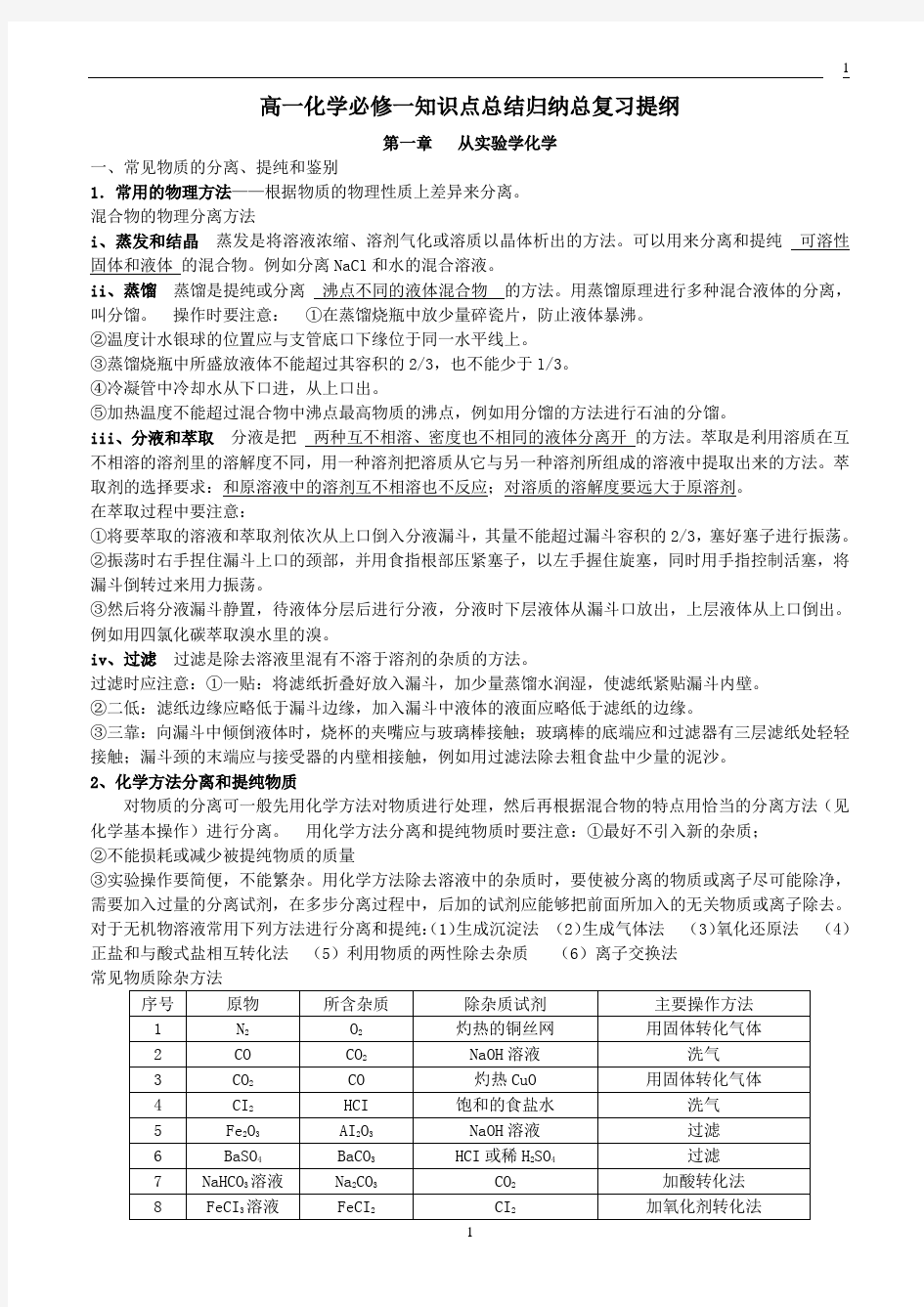 高一化学必修一知识点总结归纳总复习提纲