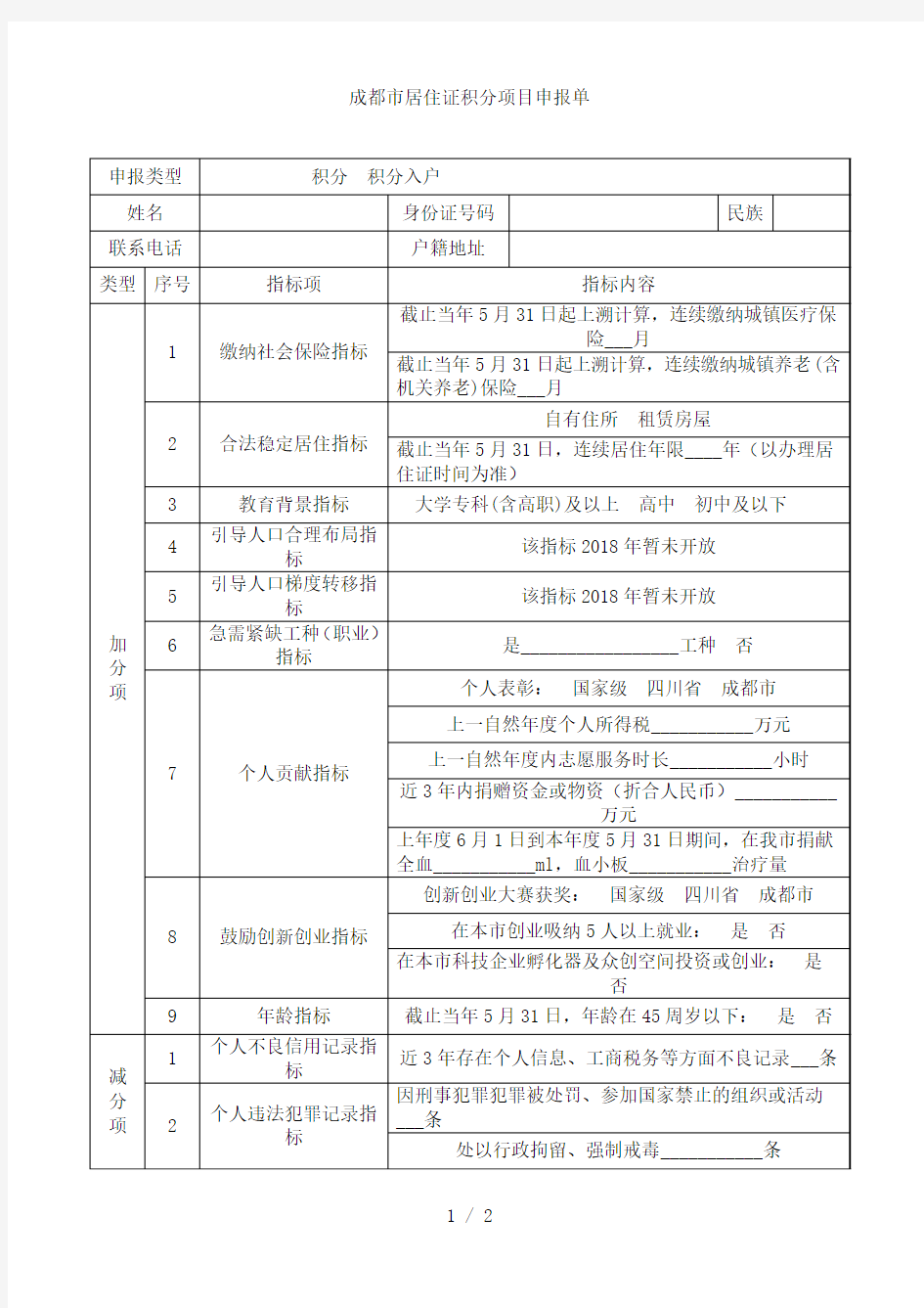 成都市居住证积分项目申报单