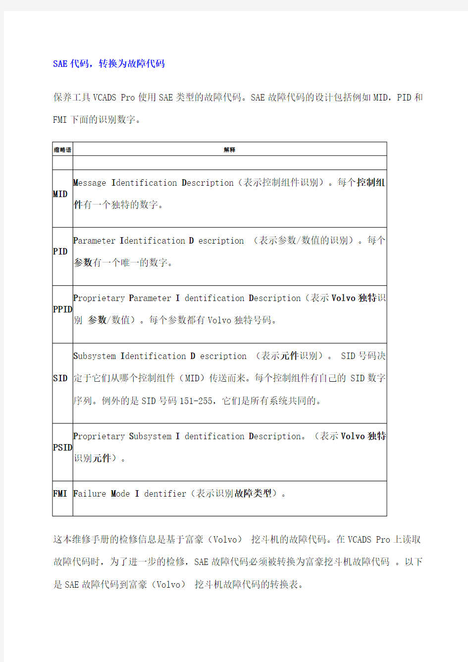 沃尔沃volvo挖掘机SAE代码报警故障码