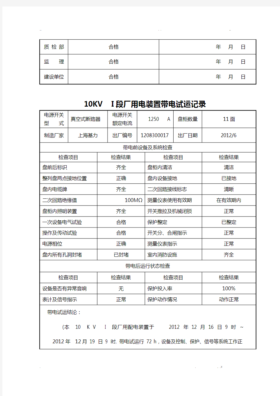 10kv高压配电装置带电试运记录