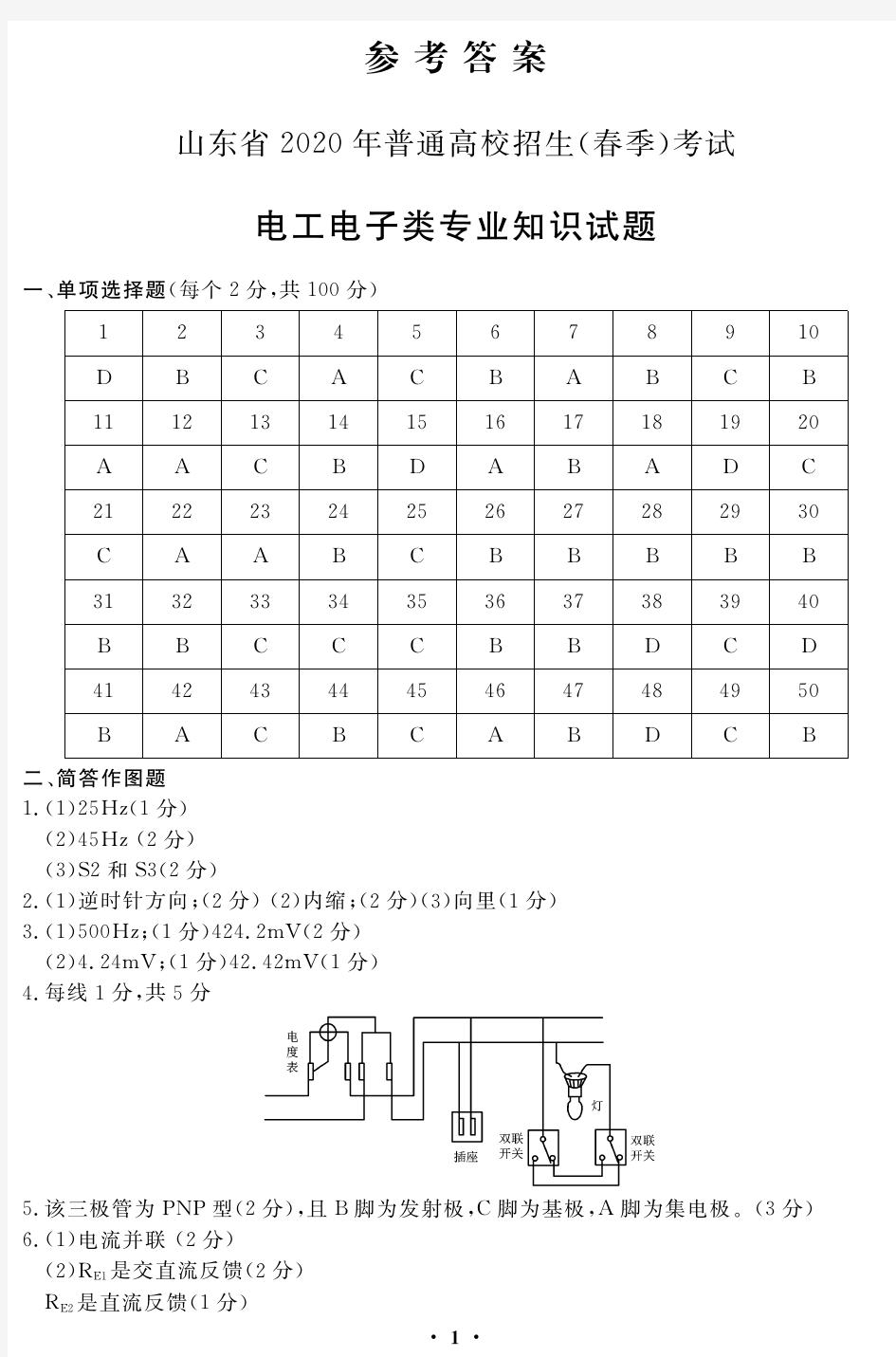 2020年春考真题——电工电子答案