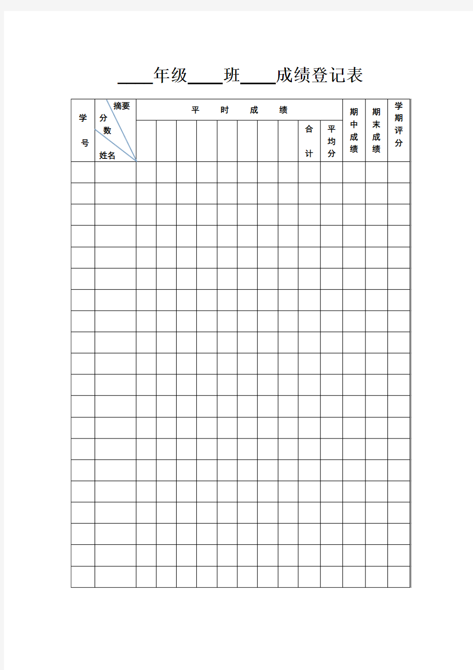 教师常用表格 成绩登记表