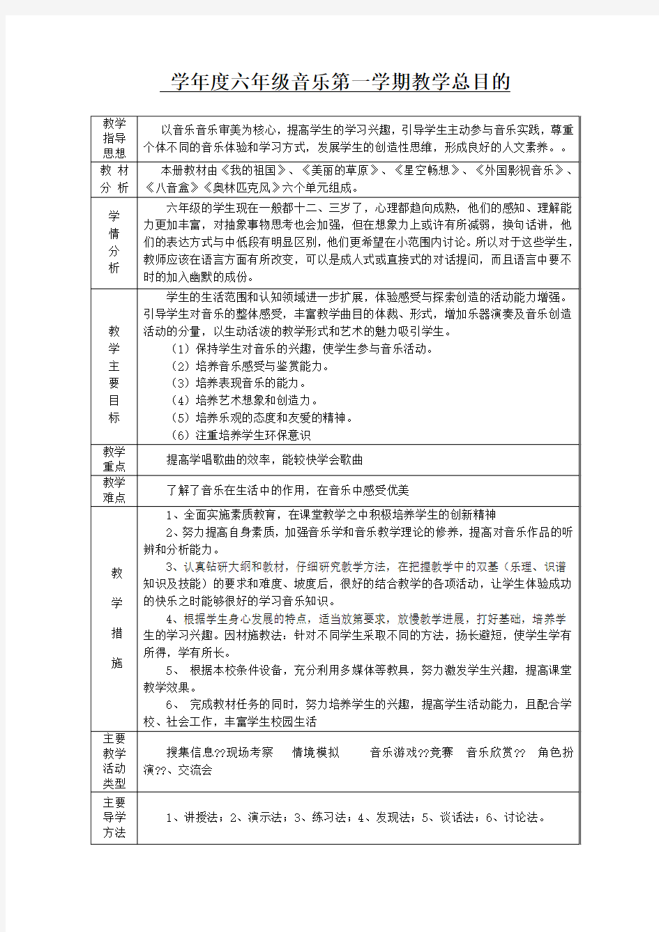 新编人教版小学六年级上册音乐教案全册