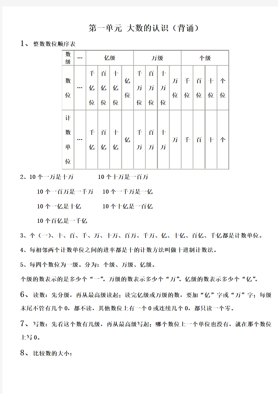 四年级上册数学单元知识点整理