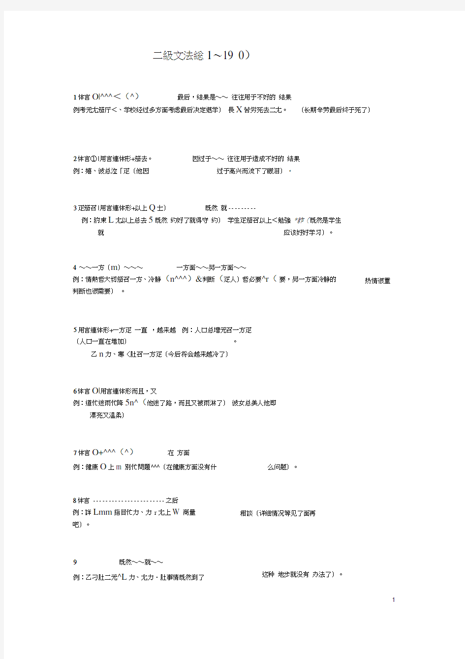 日语N2语法总结190个句型