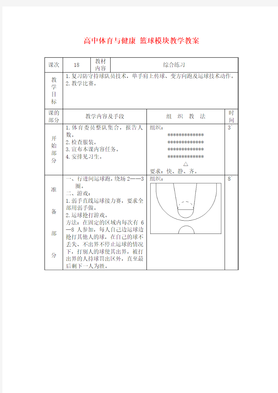 高中体育与健康 篮球模块教学教案