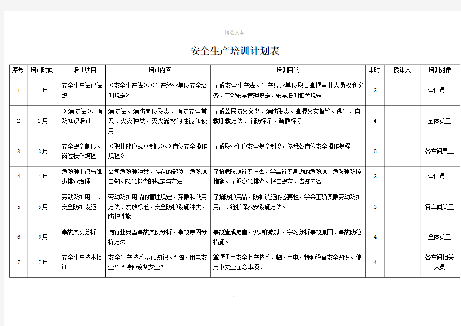 安全生产培训计划表