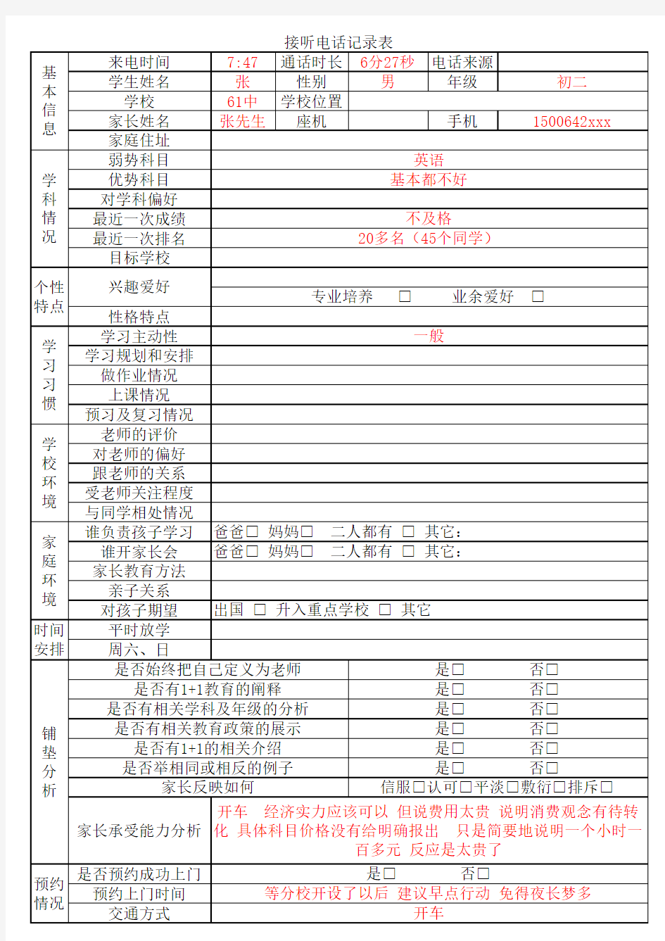 电话咨询信息记录表