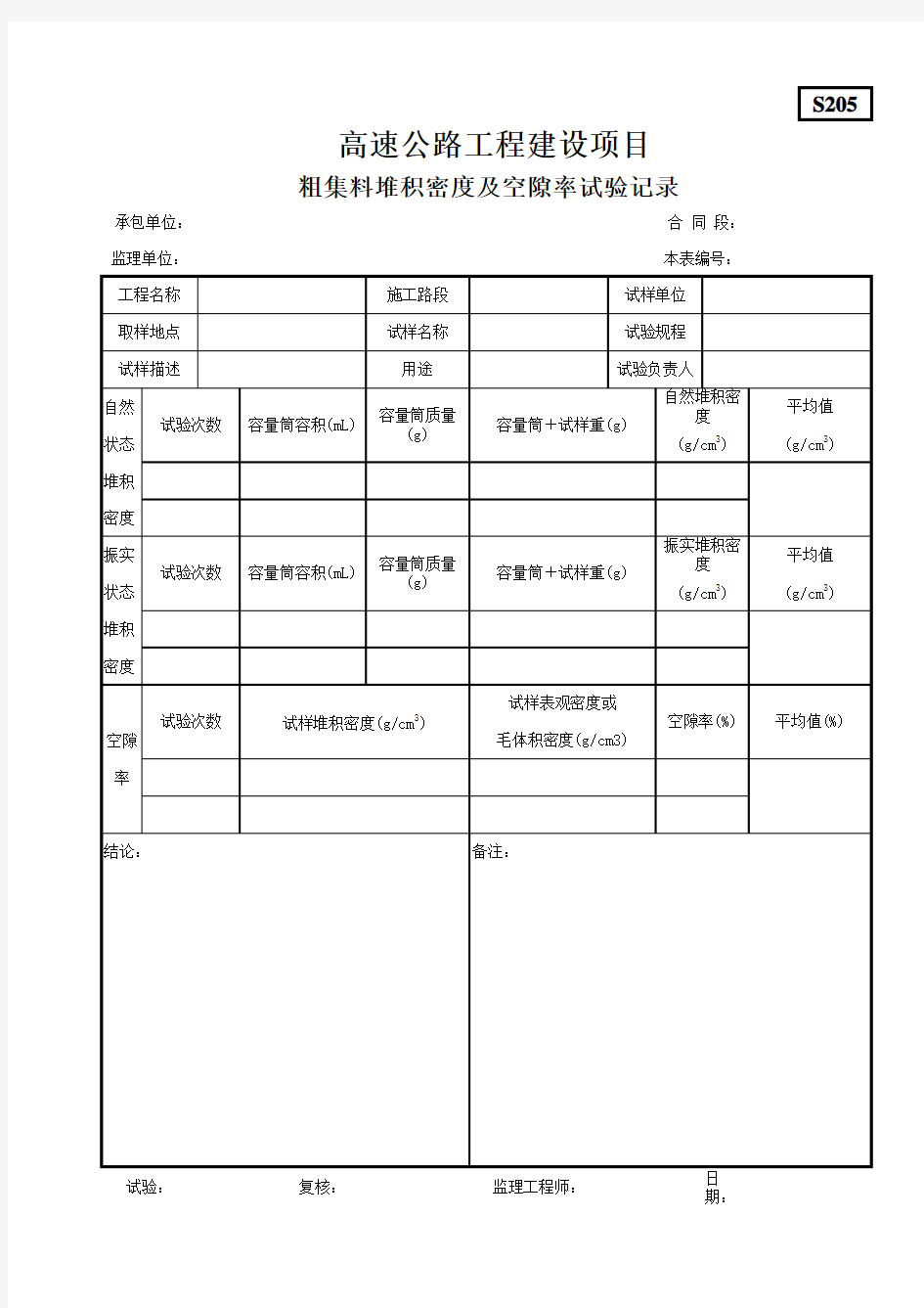 S205粗集料堆积密度及空隙率试验记录