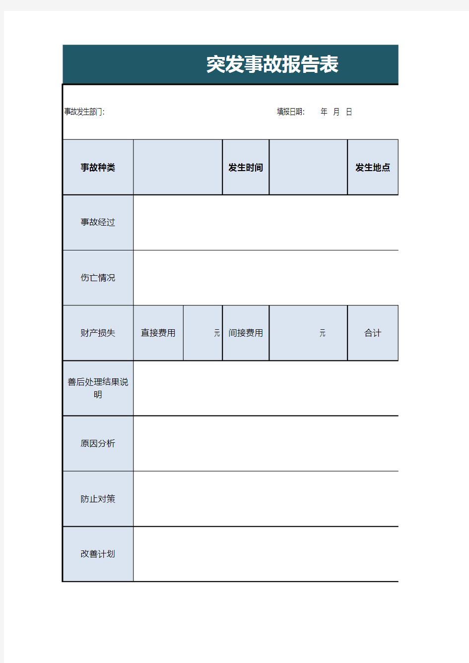 突发事故报告表excel模板