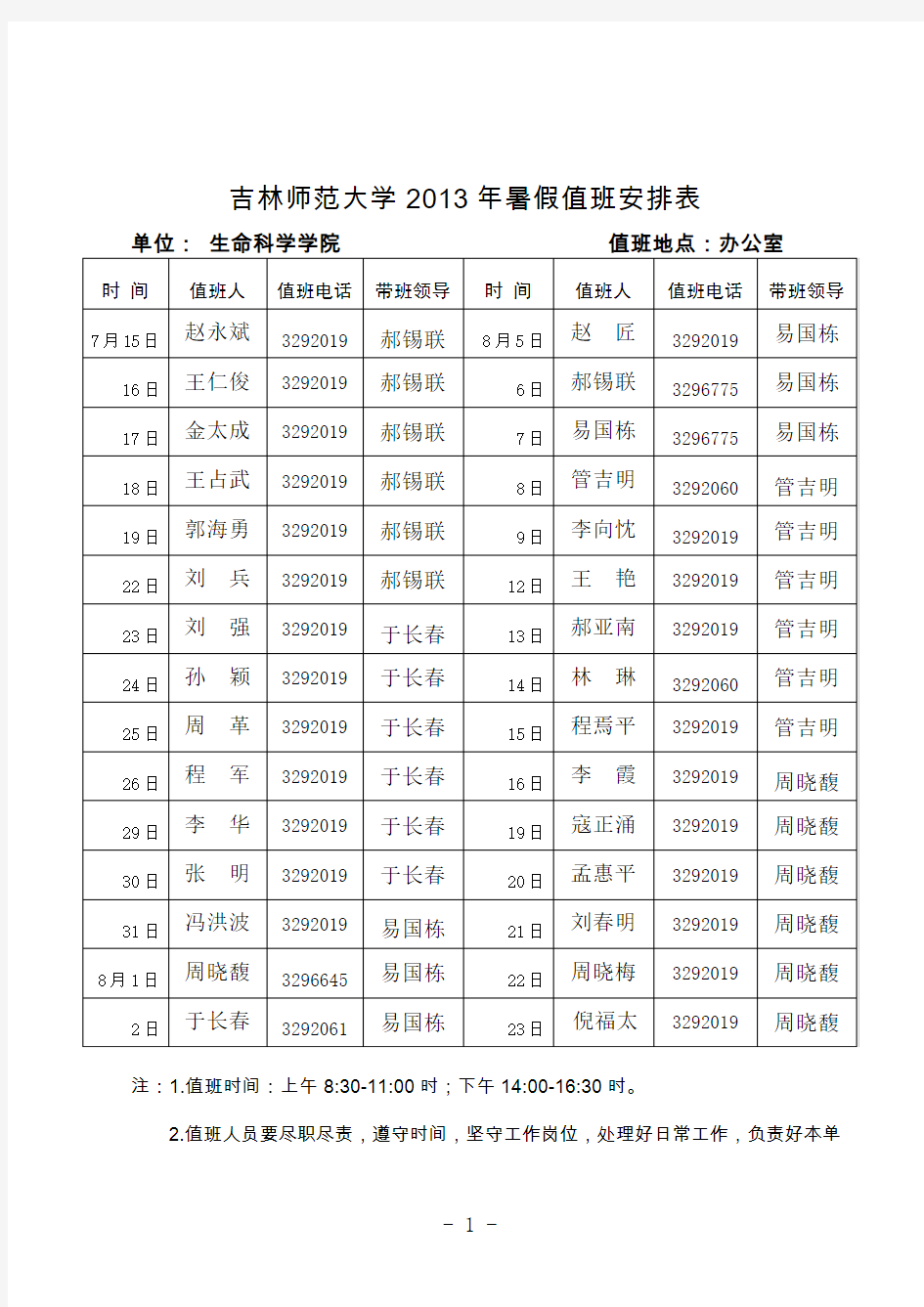 吉林师范大学2013年暑假值班安排表