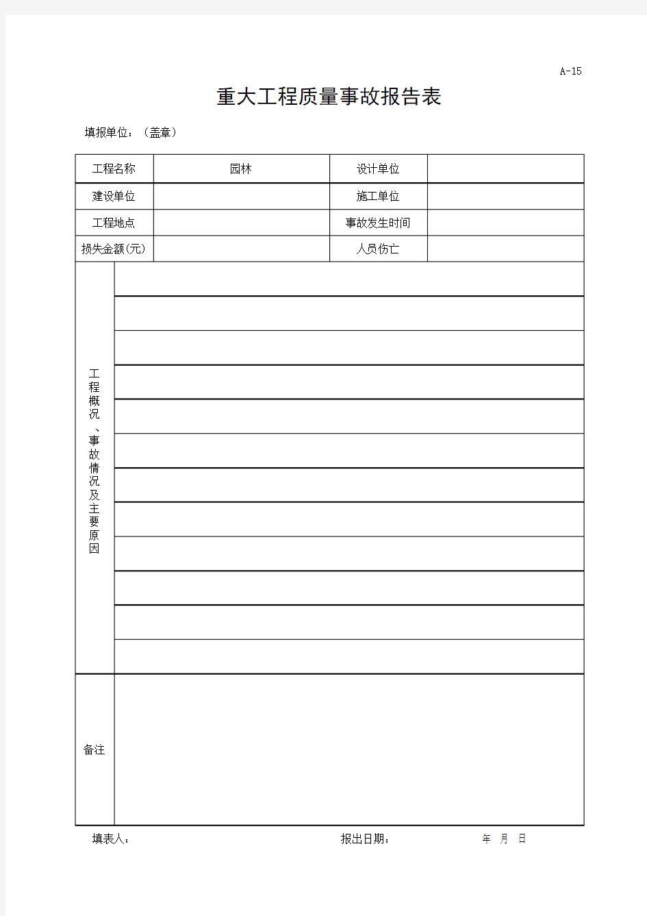 重大工程质量事故报告表(最新)