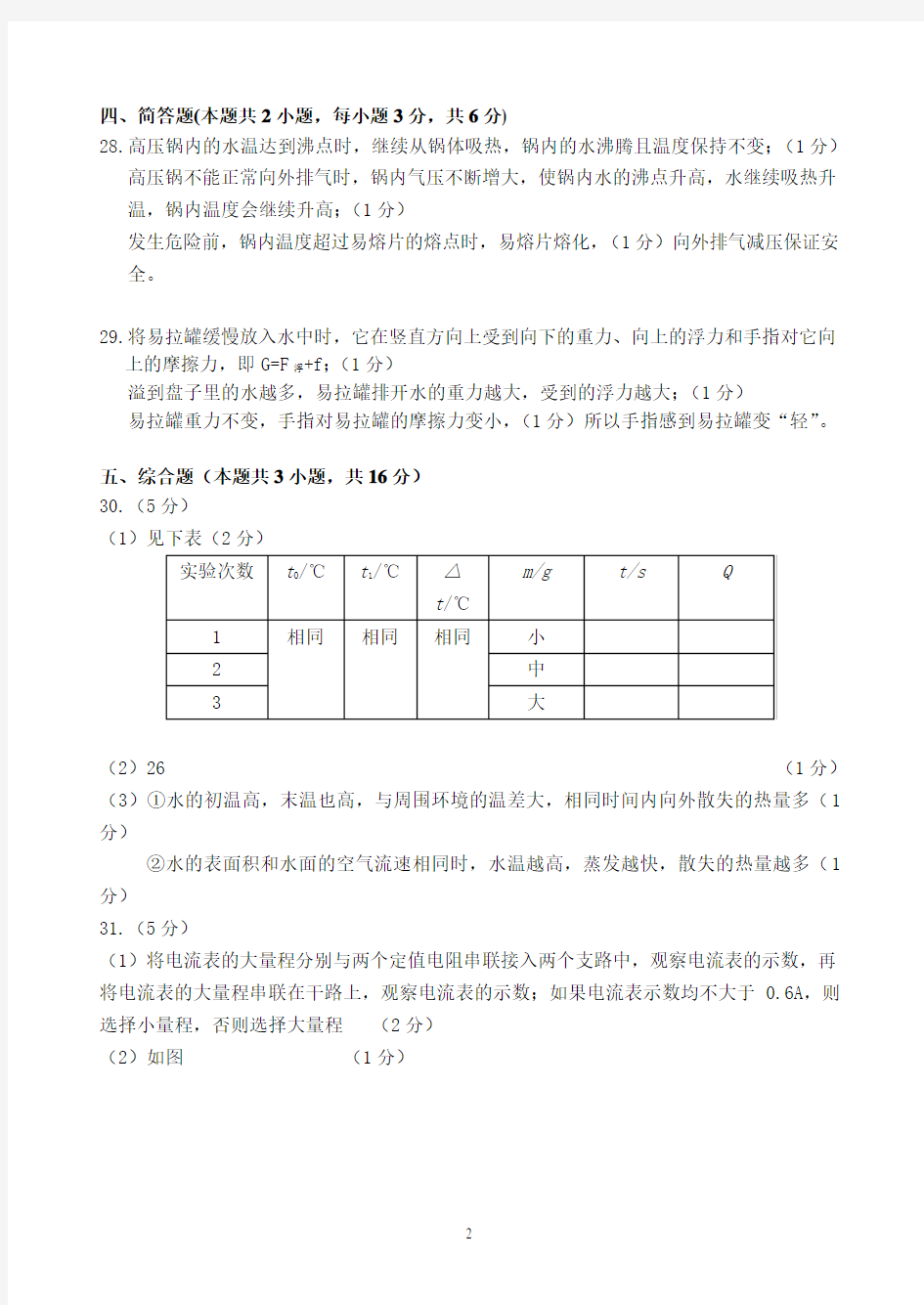 2019年大连市中考物理答案