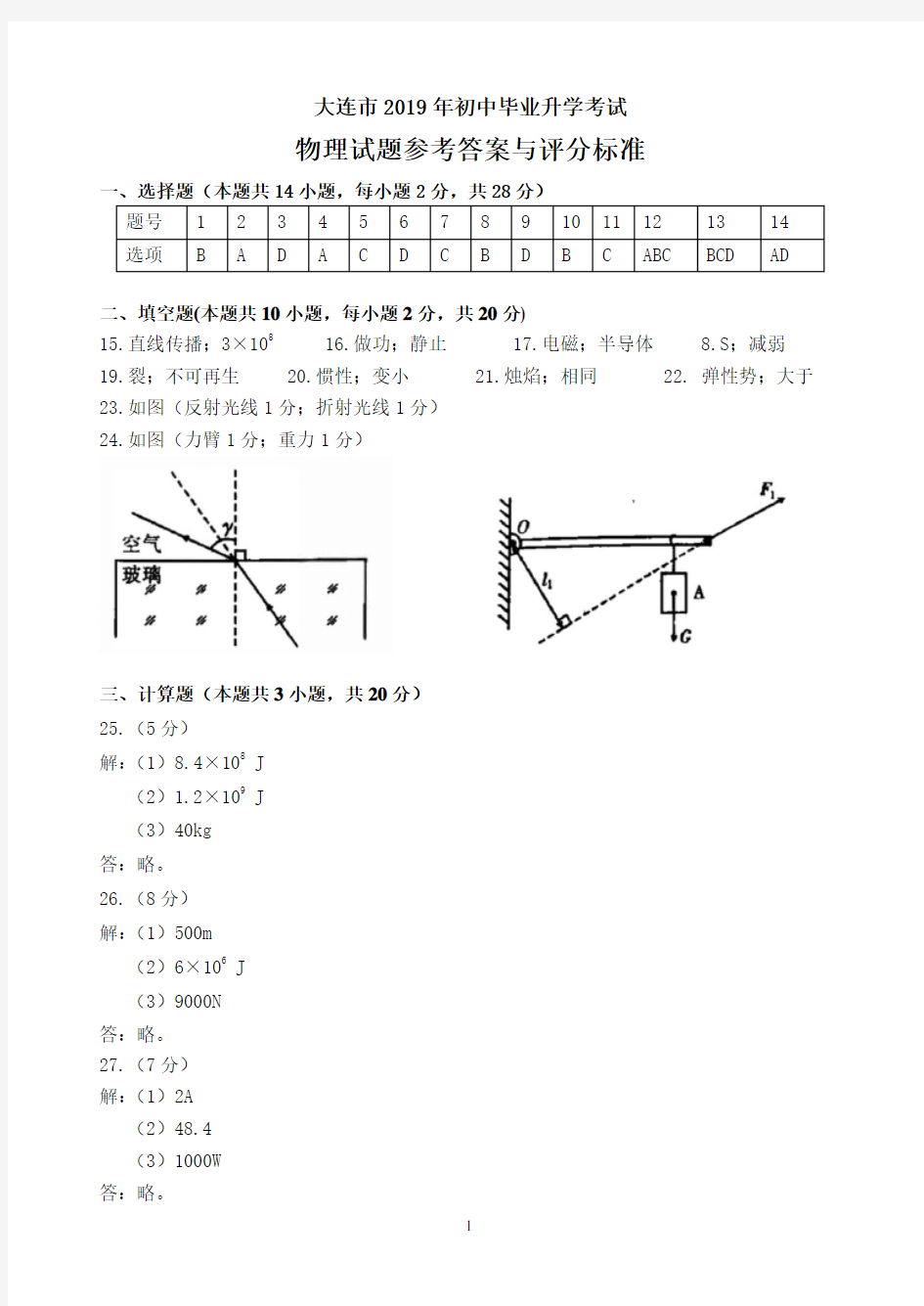 2019年大连市中考物理答案