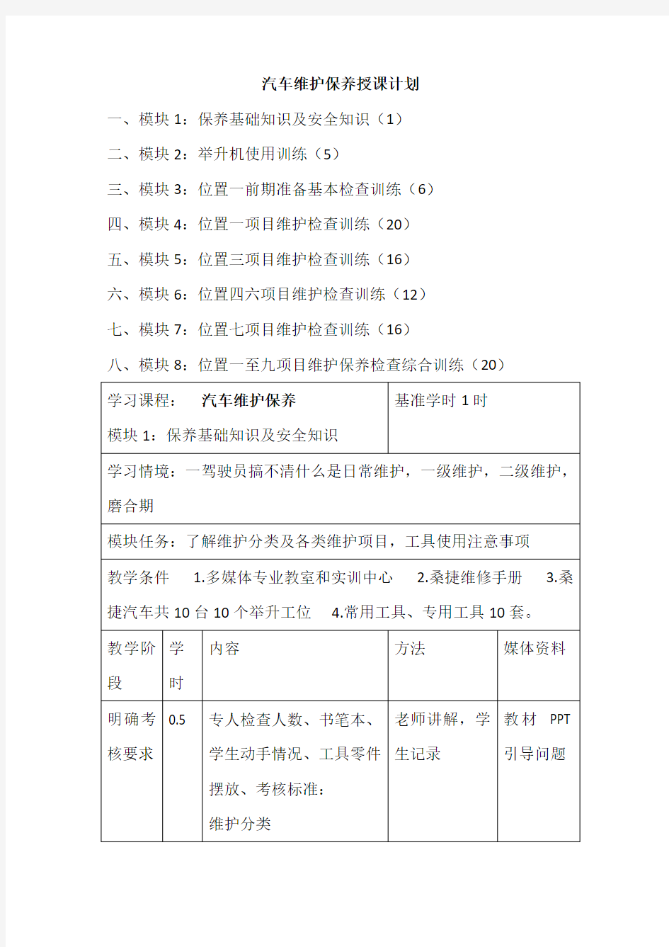 汽车维护保养授课计划教学文案