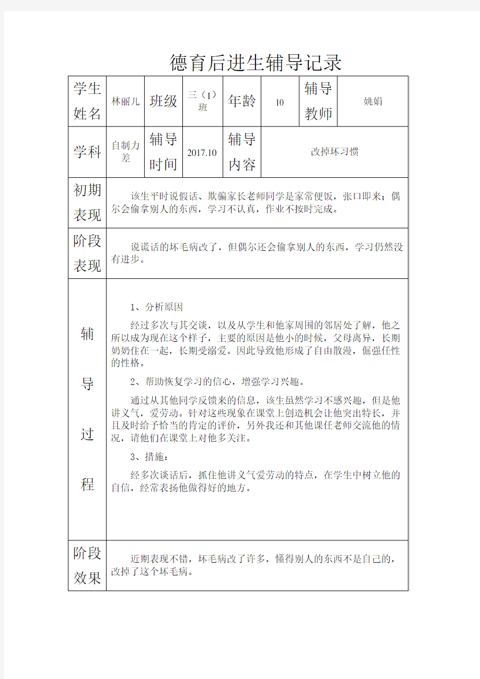 三(1)班德育后进生辅导记录