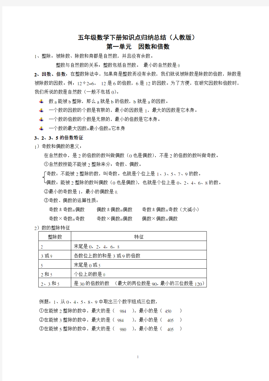 五年级数学下册知识点归纳总结(人教版)