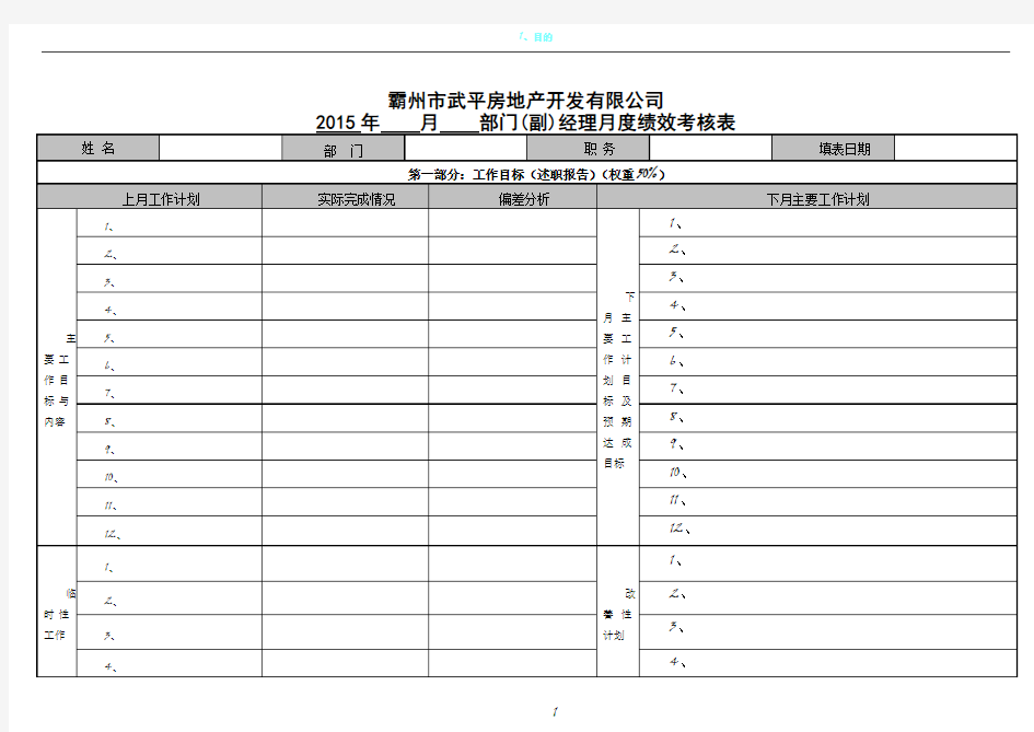 房地产部门经理月度绩效考核表