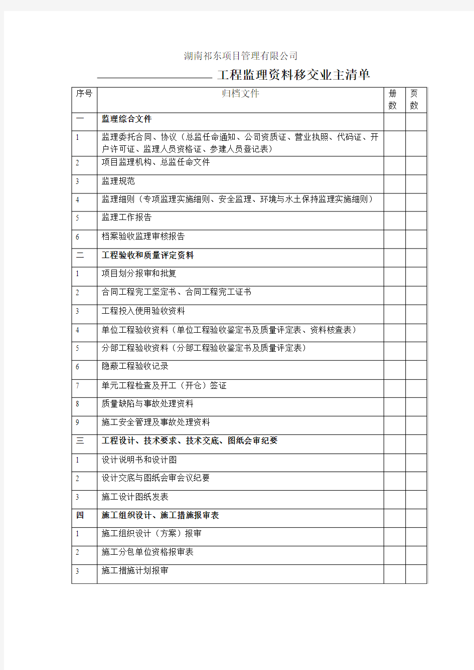 工程监理资料移交业主清单