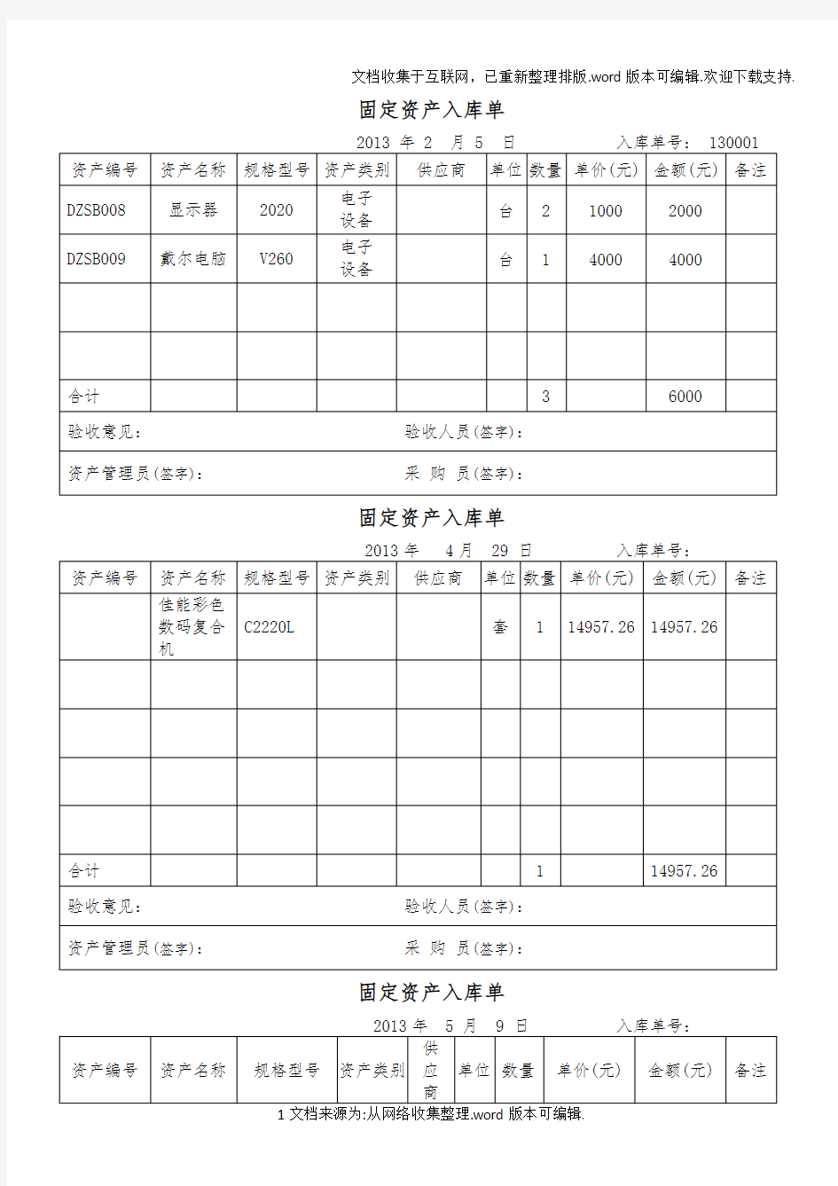 固定资产入库单(最佳模板-两联)