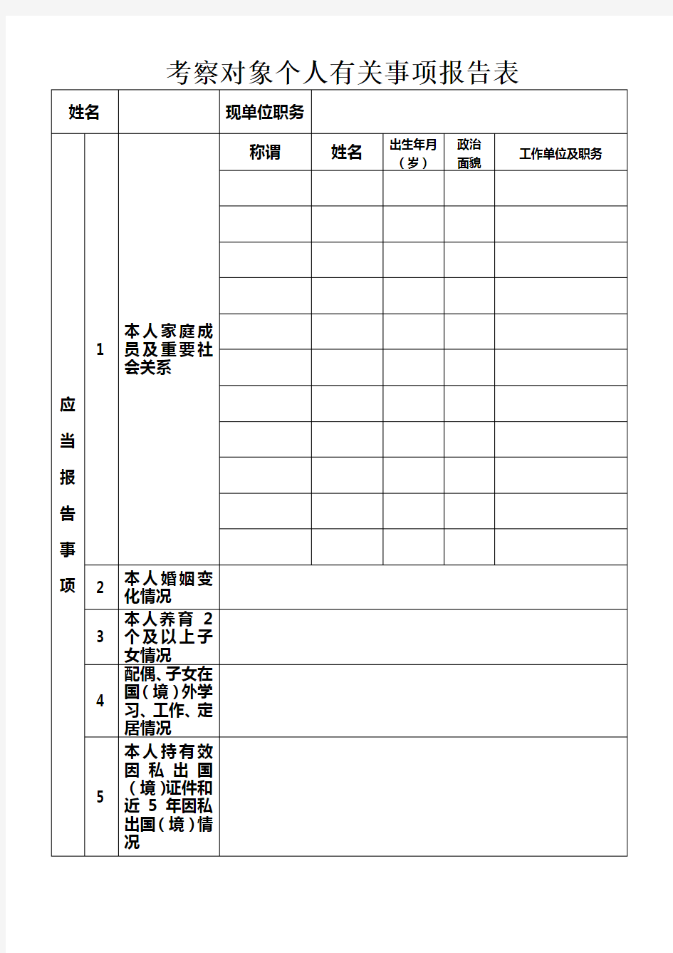 (A4)考察对象个人有关事项报告表(样表)