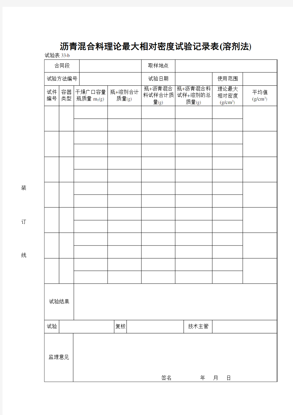 【路面工程】沥青混合料理论最大相对密度试验记录表(溶剂法)