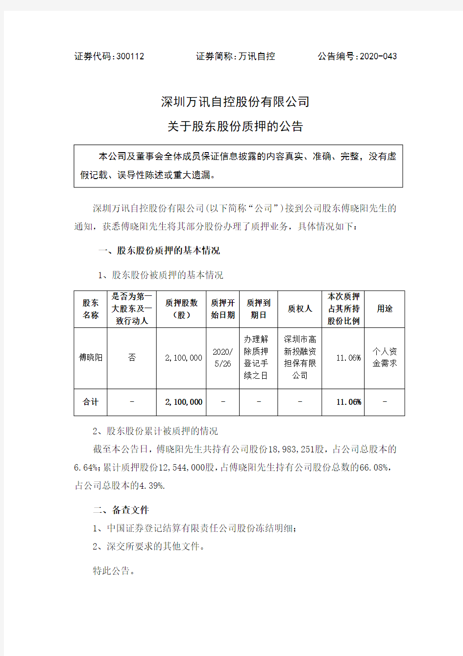 万讯自控：关于股东股份质押的公告 (1)