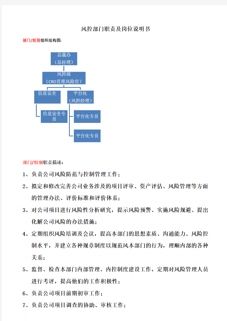 风控部门职责及风控经理岗位说明书