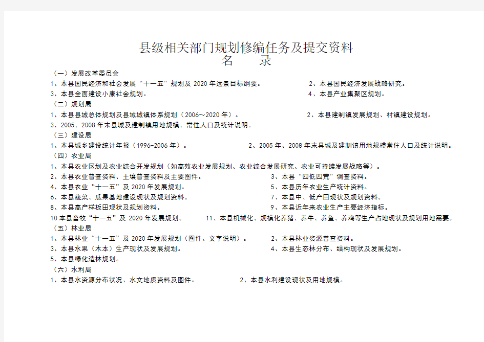 县级土地利用规划资料清单