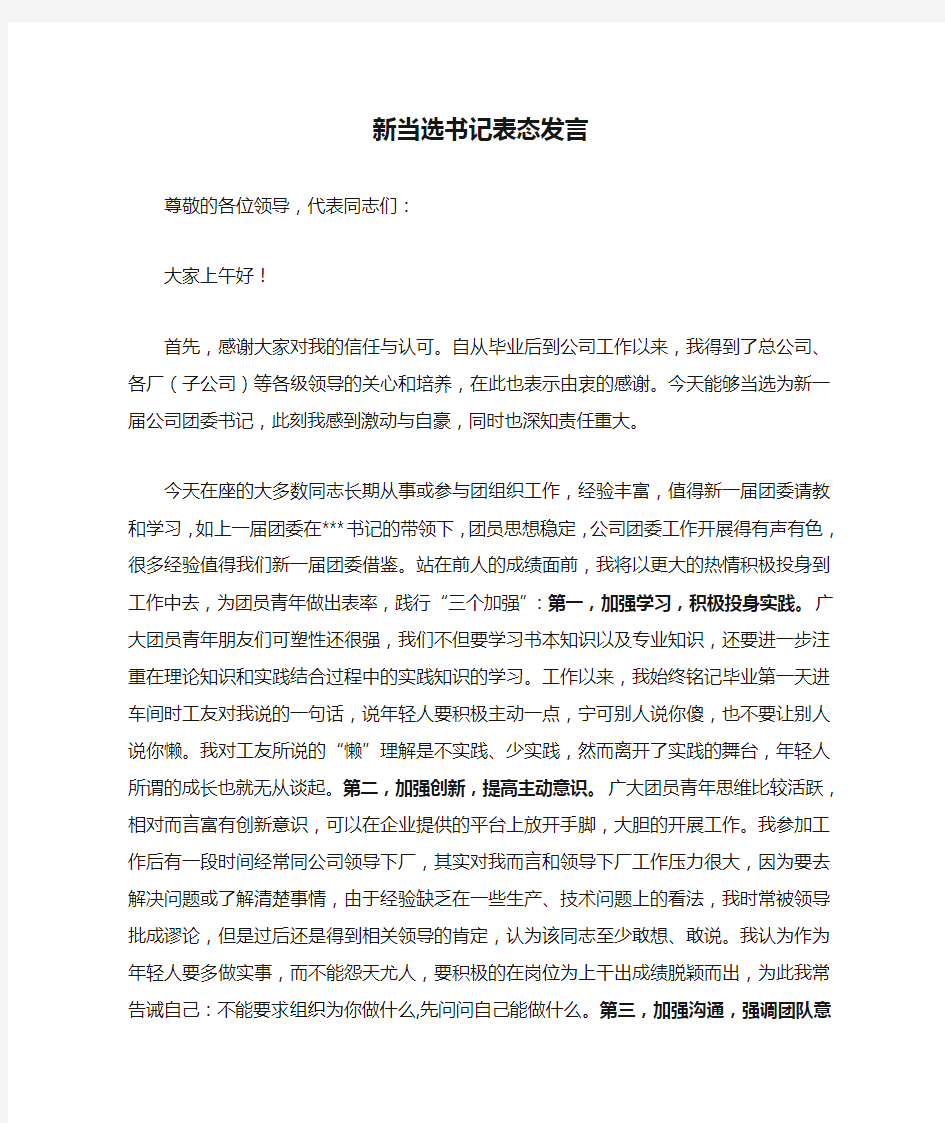 新当选书记表态发言