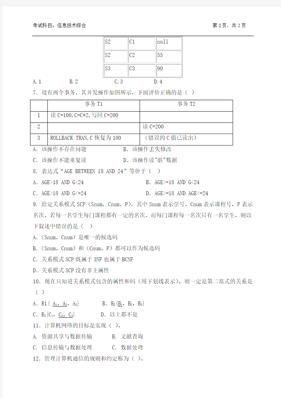 2014年浙江农林大学考研试题 905信息技术综合