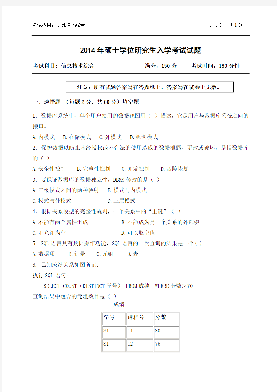 2014年浙江农林大学考研试题 905信息技术综合