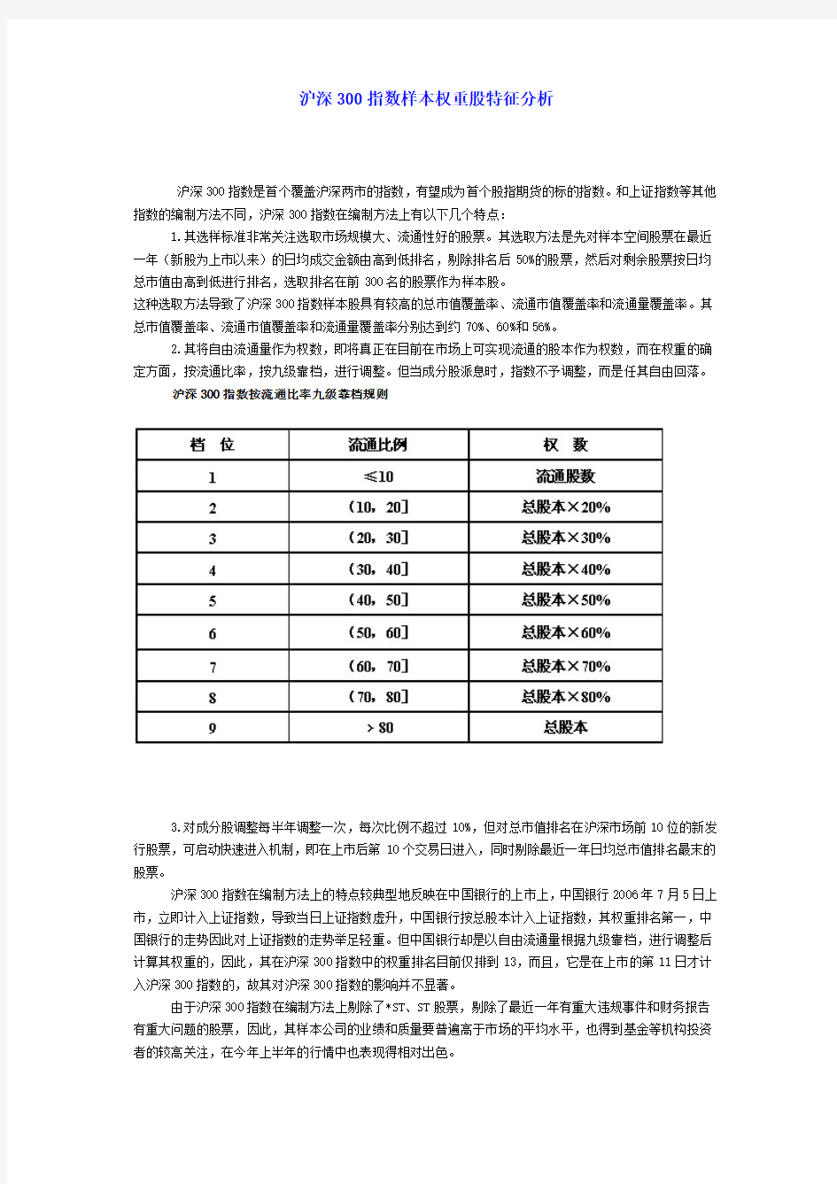 沪深300指数样本权重股特征分析