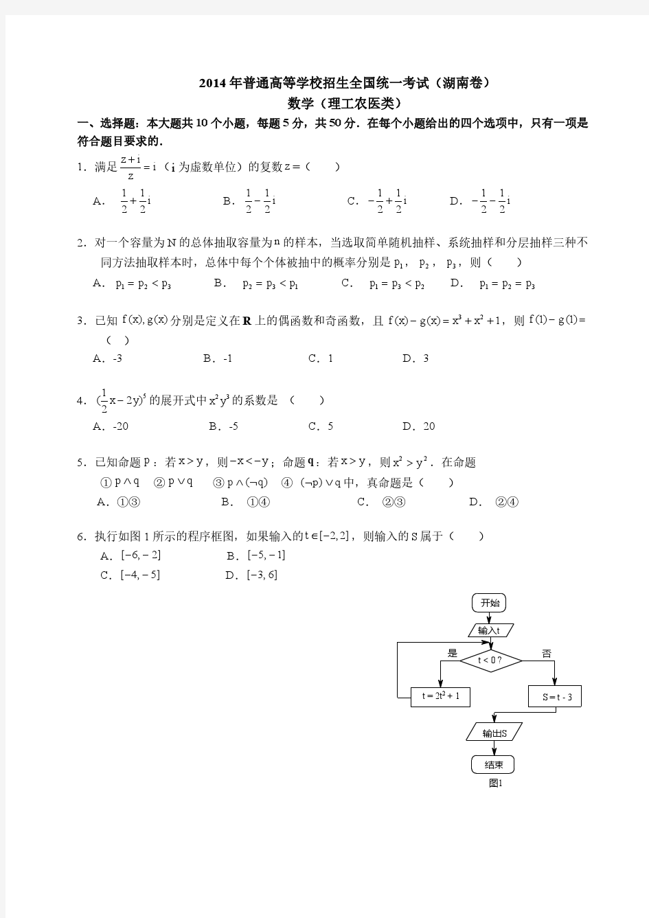 2014年湖南高考数学理科(含答案)