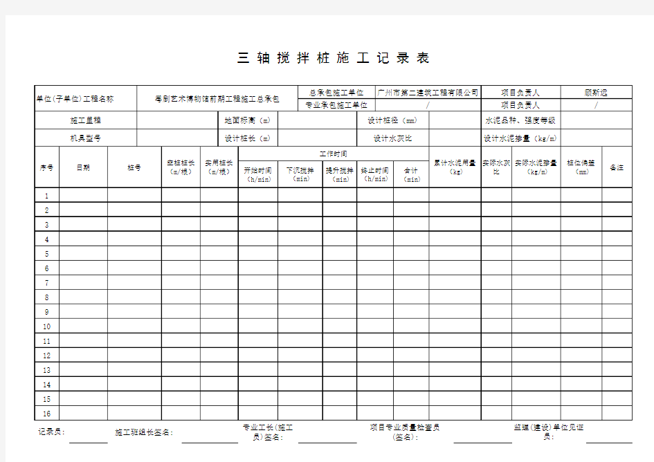 三 轴 搅 拌 桩 施 工 记 录 表