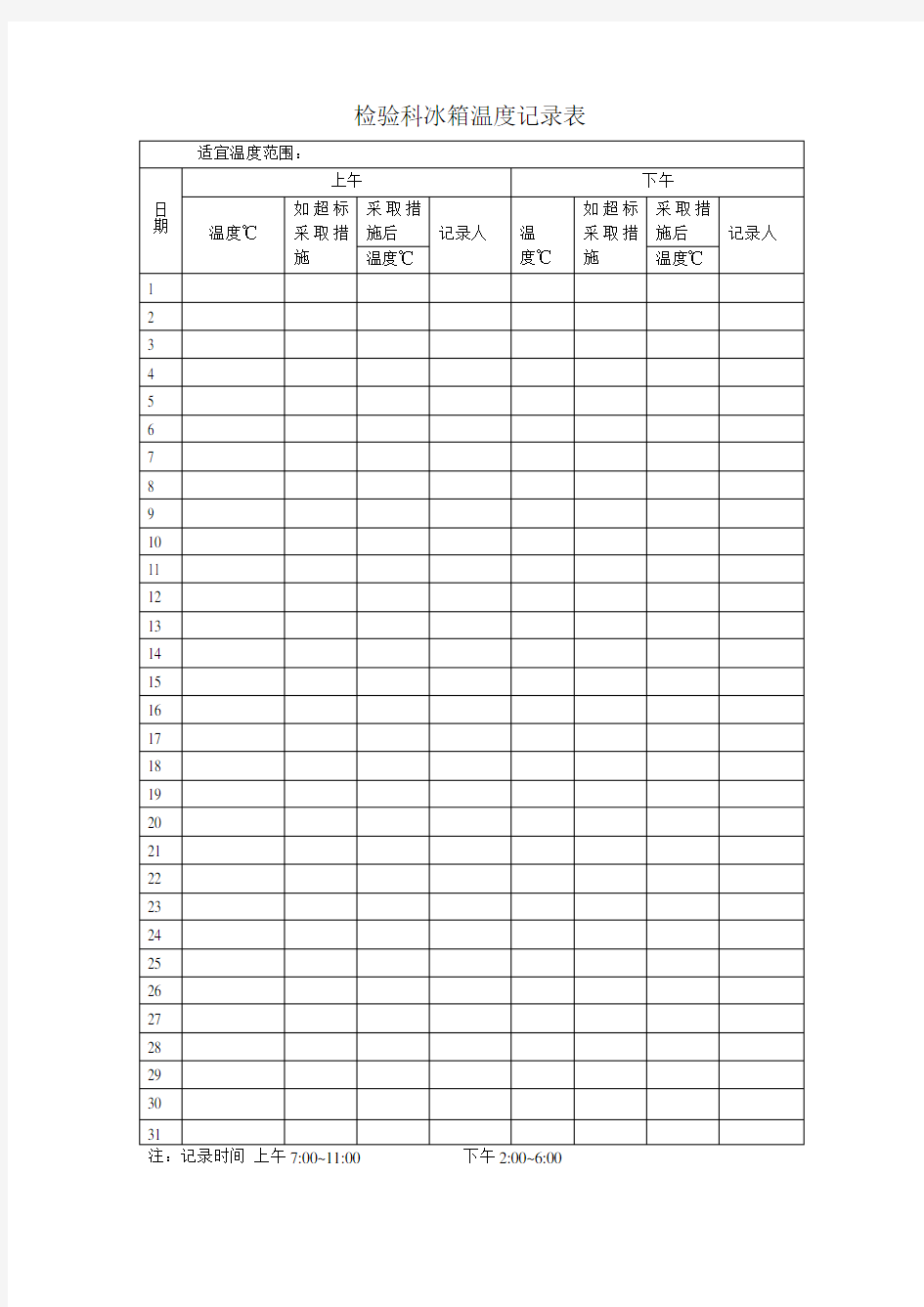 检验科冰箱温度记录表