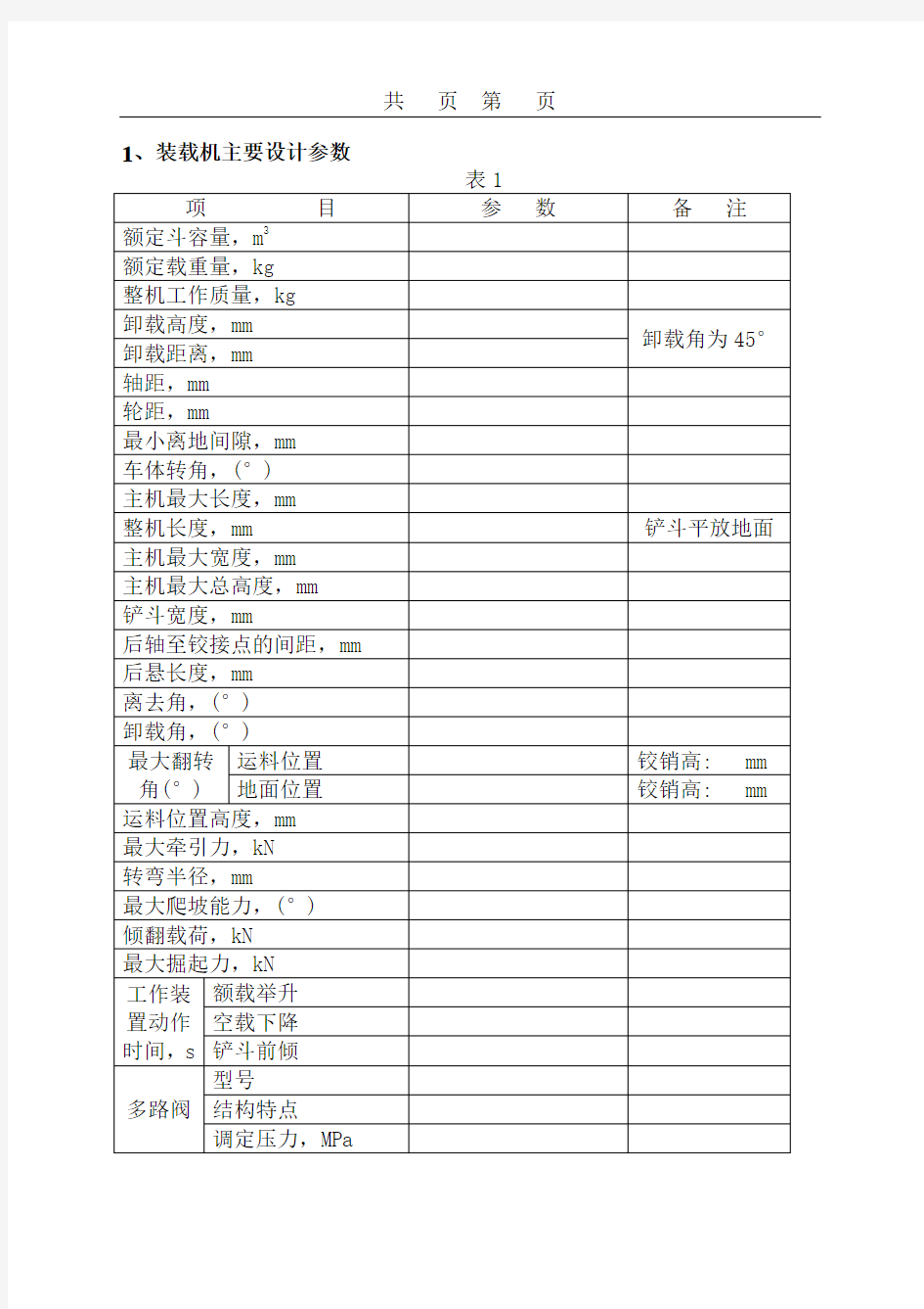 轮胎式装载机技术参数表