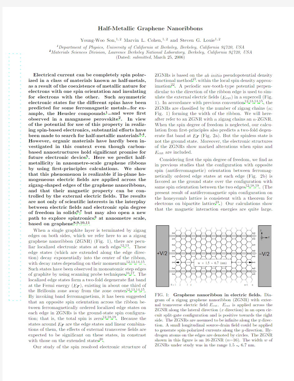 Half-Metallic Graphene Nanoribbons Nature 444, 347 (2006)