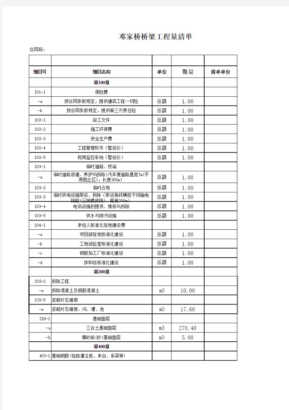 邓家桥桥梁工程--招标工程量清单