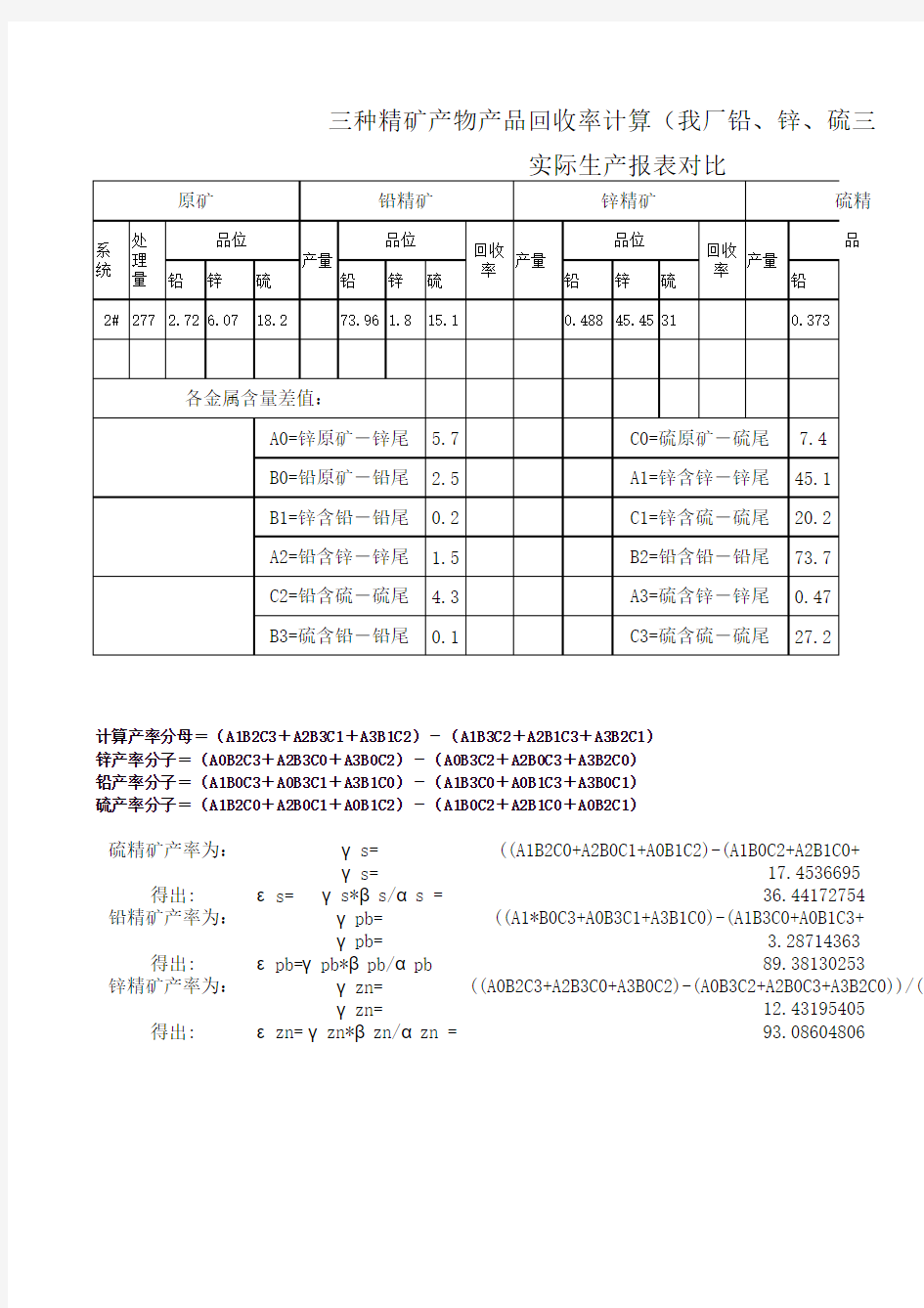 铅锌选矿厂三种精矿产品回收率计算