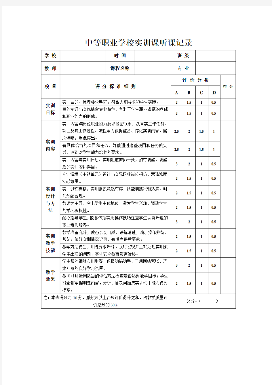 中等职业学校实训课听课记录