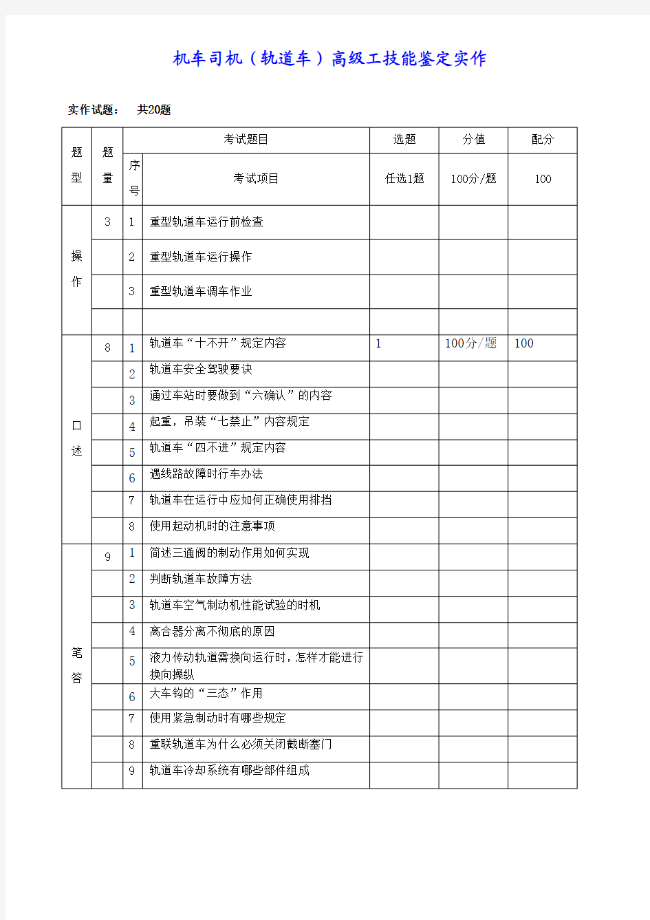 机车司机(轨道车)高级工题库题型(实作)