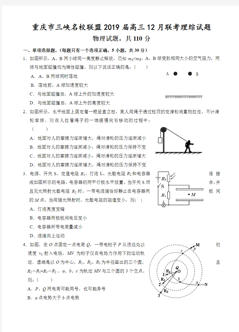 重庆市三峡名校联盟2019届高三12月联考理综试题