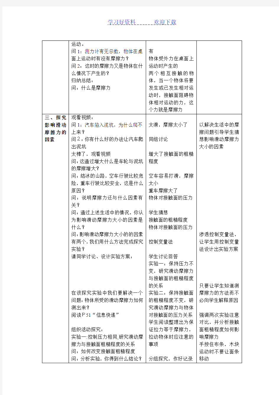 初中物理摩擦力教案