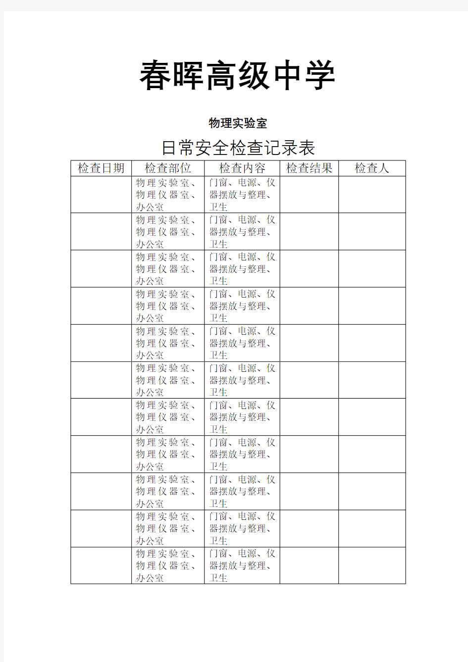 实验室日常检查记录表