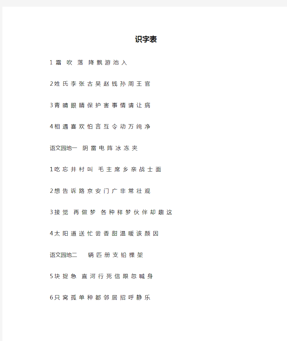 2016新人教版一年级下册语文识字表